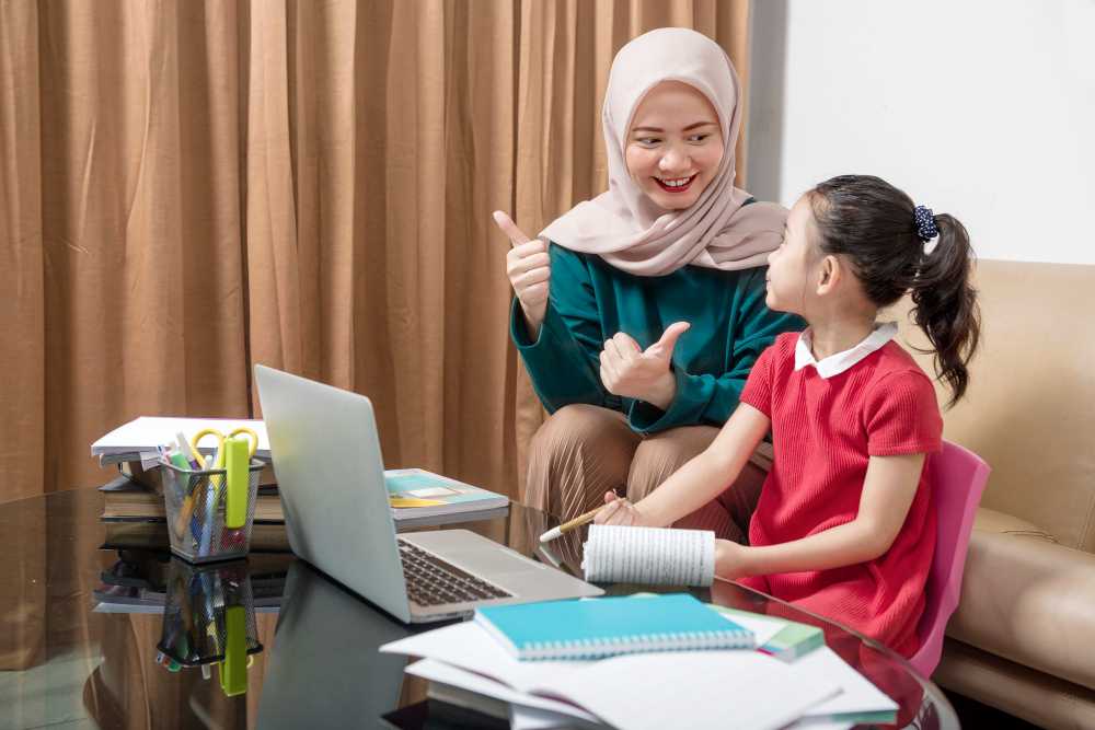 A young girl school student is learning from her tutor