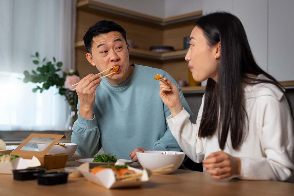 A couple eating food