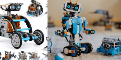 Child building a robot kit with STEM learning parts