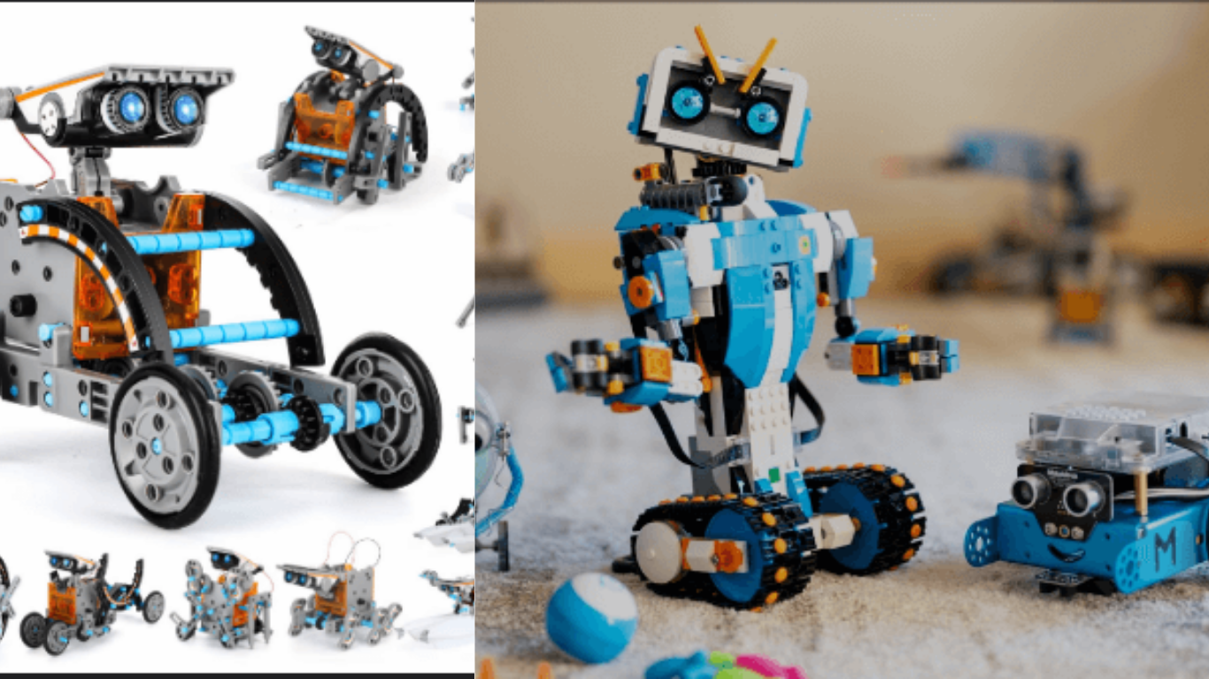 Child building a robot kit with STEM learning parts